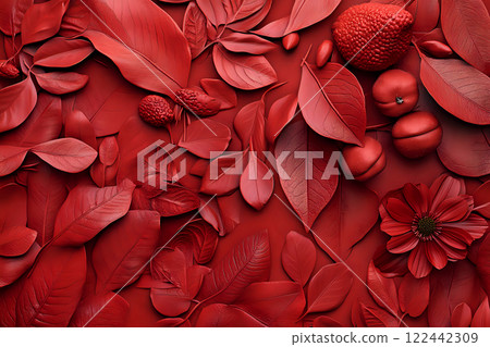 Intricate patterns of red flowers and leaves arranged on red background 122442309