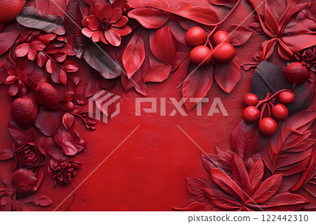 Red leaves and flowers creating a rich texture on red background 122442310