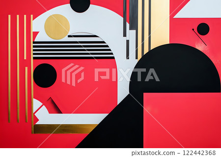Bold geometric shapes featuring circles, triangles, and squares on red background Bold geometric shapes featuring circles, triangles, and squares on red background 122442368