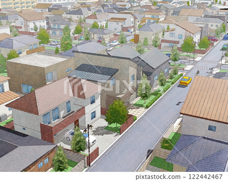 House, residence, home, residence, town, bird's-eye view, hand-drawn style, watercolor painting 122442467