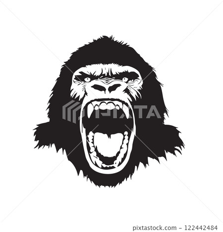 Silhouette vector of an aggressive gorilla face with an open mouth, showcasing raw power, intensity, and striking visual impact in bold black-and-white. Wildlife Animals. 122442484