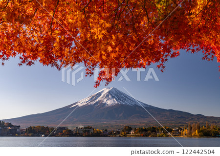 <Yamanashi Prefecture> Mt. Fuji and autumn leaves at dawn on the shores of Lake Kawaguchi <Yamanashi Prefecture> Mt. Fuji and autumn leaves at dawn on the shores of Lake Kawaguchi 122442504