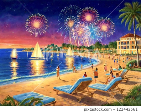 A lively beach with fireworks 122442561