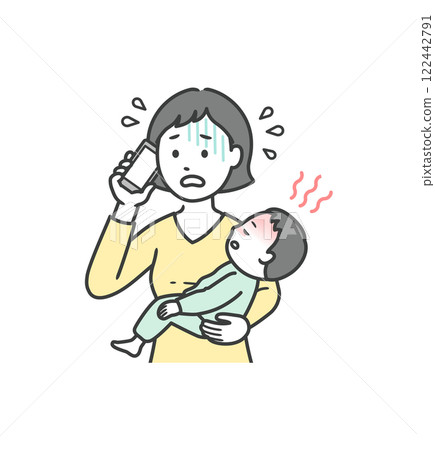 Illustration of a mother's upper body calling a medical institution in a panic, holding a child with a sudden fever 122442791