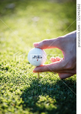 草地上的白色高爾夫球 122442802