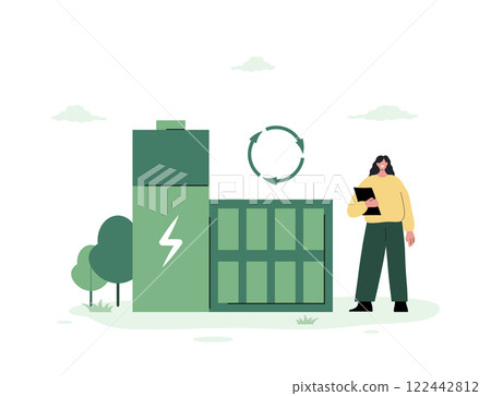 CO2 neutral. Green industrial factory with renewable energy. Low carbon and environmental responsibility concept. Net zero. Vector illustration in flat cartoon style 122442812