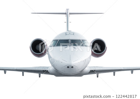 Front view of the corporate aircraft fly isolated on white background Front view of the corporate aircraft fly isolated on white background 122442817