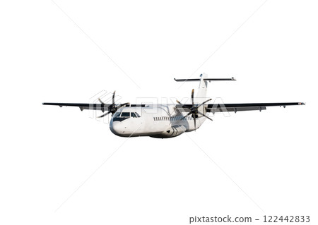 Passenger turboprop airplane flying isolated on white background Passenger turboprop airplane flying isolated on white background 122442833