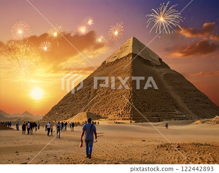 黃昏時的金字塔和煙火 122442893