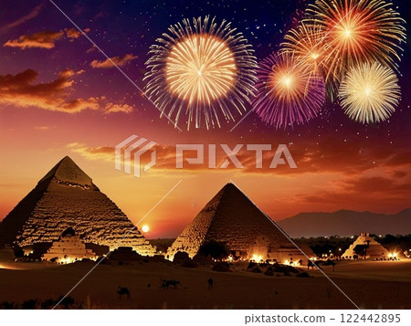 黃昏時的金字塔和煙火-2 122442895