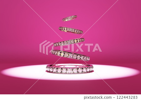 3D illustration of a jewelry Christmas tree made of elegant rings 3D illustration of a jewelry Christmas tree made of elegant rings 122443283