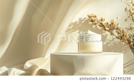 Cosmetic cream in a glass jar. Skin care concept. Background for beauty products 122443298