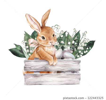 Watercolor Easter Bunny or rabbit with Bouquet of tender poured white flowers lily of the valley and painted eggs in wooden box. Hand drawn illustration composition with flowers and hare for card 122443325
