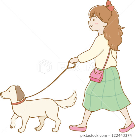 A girl wearing a ribbon walking her pet dog with droopy ears A girl wearing a ribbon walking her pet dog with droopy ears 122443374