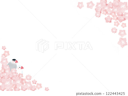 水彩粉紅花與爪哇麻雀框 122443425