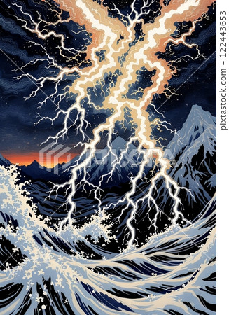 浮世繪風格的海與雷 浮世繪風格的海與雷 122443653