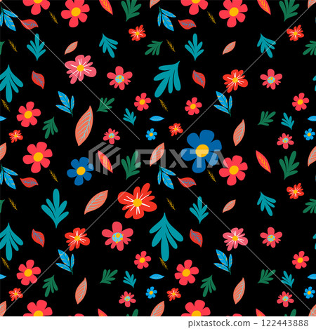 Colorful Floral Pattern on Black 122443888