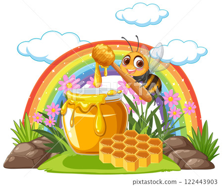 Cheerful Bee with Honey and Rainbow Cheerful Bee with Honey and Rainbow 122443903