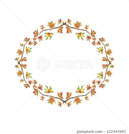 Autumn oval frame made of maple branches. Isolated illustration on a white background. 122443991