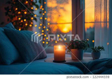 Warm candlelight and a window at dusk 122444339
