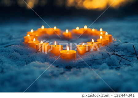 Romantic light of a heart-shaped candle lit on the snow 122444341