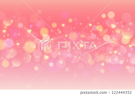 Pink background with lovely cute hearts and pattern of bokeh. Light pastel fantasy gradient sky with magic stars. Valentine Day blurred girly wallpaper. Dreamy glowing backdrop with fairy sparkles 122444352
