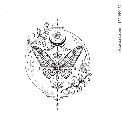 Vector composition of black and white moth, plants, elements of astrology and sacred geometry isolated on white background. Mystical symbols and insects. Vector composition of black and white moth, plants, elements of astrology and sacred geometry isolated on white background. Mystical symbols and insects. 122444482
