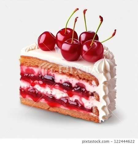 Displaying a delicious slice of cherry cake with layers of moist sponge cake, decadent cherry filling, and a light whipped cream topping, finished with fresh cherries 122444622