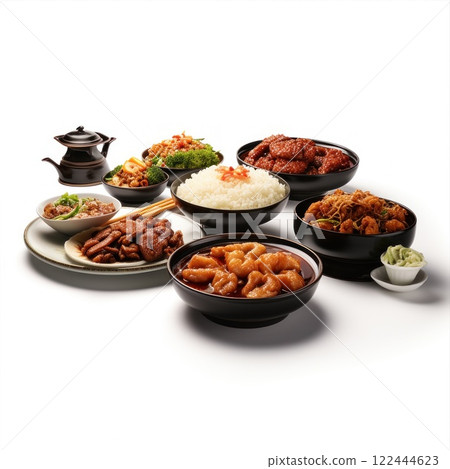 Colorful variety of asian dishes including rice, meat, seafood, and vegetables served in bowls and plates, accompanied by a teapot and chopsticks 122444623
