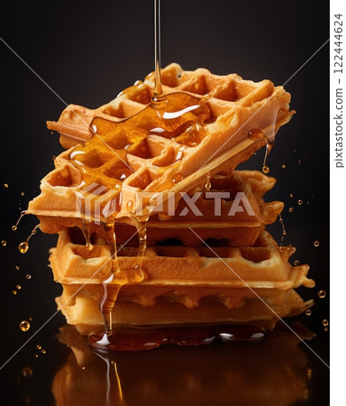Delicious waffles topped with golden syrup, stacked high and glistening, make for a tempting treat against a rich, dark backdrop. Ideal for any meal or snack 122444624