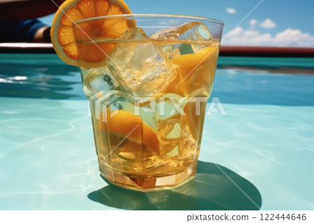 Relishing a Refreshingly Cold Iced Tea Garnished with a Lemon Slice on a Beautiful Bright Sunny Day 122444646