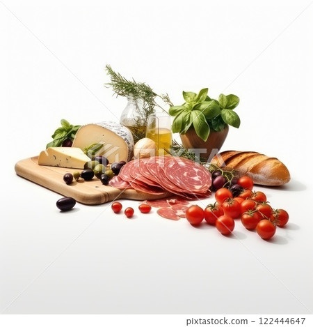 Groceries including vegetables, fruits, bakery isolated on white background Groceries including vegetables, fruits, bakery isolated on white background 122444647