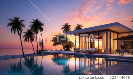 Luxurious vacation retreat with infinity pool captures the stunning colors of a tropical sunset over the ocean at a modern beach house 122444678