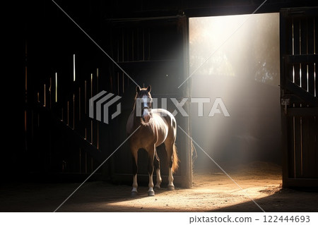 Working horse in a dark stable with sunlight peeking through the wooden door 122444693