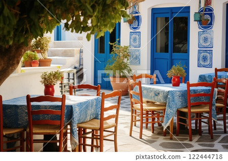A Charming Outdoor Cafe Featuring Blue Accents in a Picturesque Mediterranean Alleyway. Greek cuisine restaurant 122444718