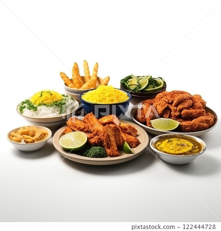 Brazilian moqueca, a classic fish stew with coconut milk and dende oil, accompanied by farofa, pirao, rice, and fried cassava for a delicious and vibrant dining experience Brazilian moqueca, a classic fish stew with coconut milk and dende oil, accompanied by farofa, pirao, rice, and fried cassava for a delicious and vibrant dining experience 122444728