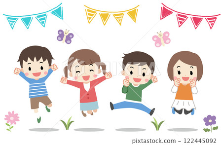 四個微笑的孩子跳躍的插圖 四個微笑的孩子跳躍的插圖 122445092