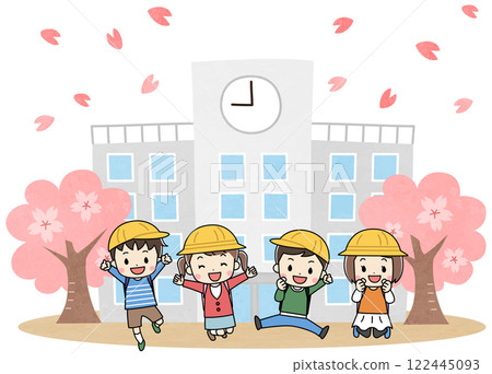 A spring illustration of elementary school students jumping with a smile in front of the school and cherry blossoms A spring illustration of elementary school students jumping with a smile in front of the school and cherry blossoms 122445093