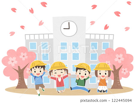 A spring illustration of elementary school students jumping with a smile in front of the school and cherry blossoms A spring illustration of elementary school students jumping with a smile in front of the school and cherry blossoms 122445094