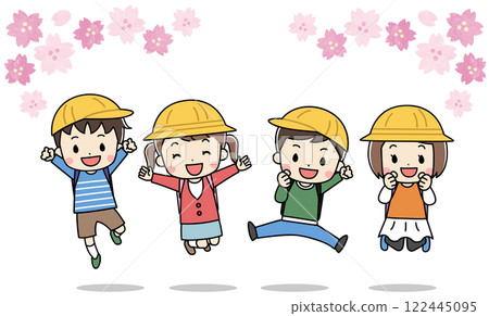Illustration of children carrying school backpacks and cherry blossoms in spring Illustration of children carrying school backpacks and cherry blossoms in spring 122445095