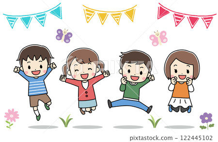 Illustration of four smiling children jumping 122445102