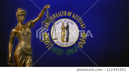 Lady Justice before a flag of Kentucky Lady Justice before a flag of Kentucky 122445391