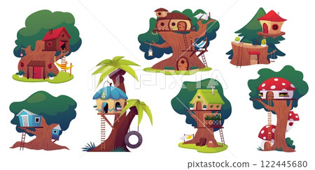 Vector set of treehouses with windows, stairs, hammocks and swings on a white background Vector set of treehouses with windows, stairs, hammocks and swings on a white background 122445680
