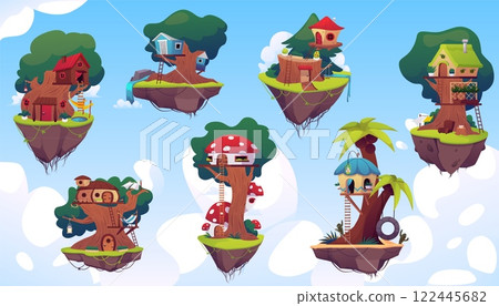 Vector set of treehouses on a summer flying island on a background of blue sky Vector set of treehouses on a summer flying island on a background of blue sky 122445682