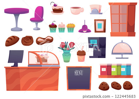 Vector set with bakery icons: showcase with cash register, a mug of coffee, cookies, buns 122445683