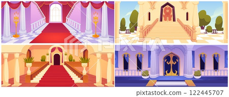 Castle corridor with staircase, palace entrance hall with pillars and potted plants vector set, medieval interior 122445707