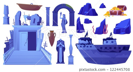 Vector set "Atlantis" with a sunken ship, chest of gold and jewelry and a statue 122445708
