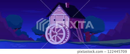Water mill among the mountains and trees at night, vector vintage house with wheel to grind flour using river hydropower 122445709