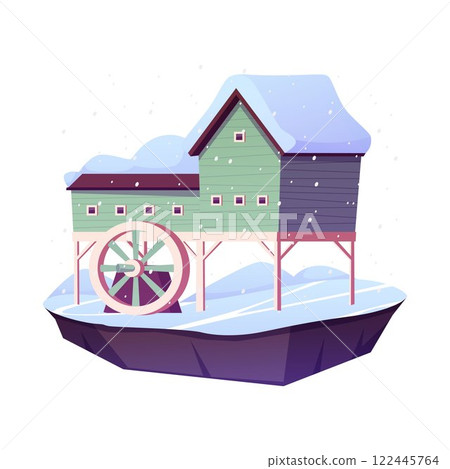 Water mill on piles on floating land island in winter flat vector icon, vintage wooden house with wheel and snowdrifts 122445764