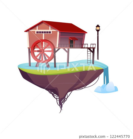 Water mill on piles on floating game land island vector icon, vintage house with grinding wheel using river hydropower 122445770